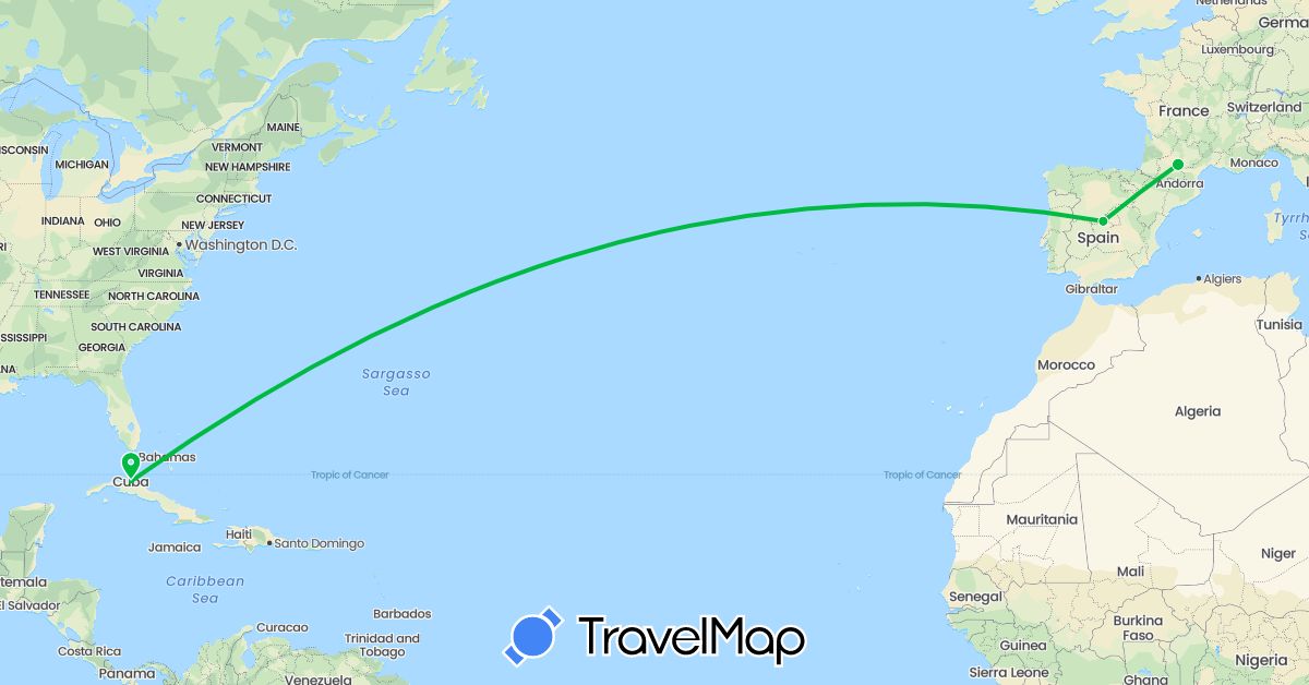 TravelMap itinerary: driving, bus in Cuba, Spain, France (Europe, North America)